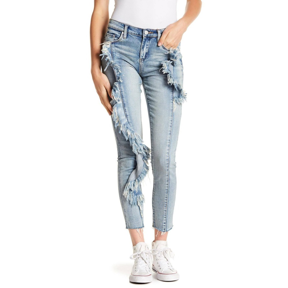 Chelsea & Violet distressed fringe frayed High Rise Fringe Skinny Jeans 25 NWT